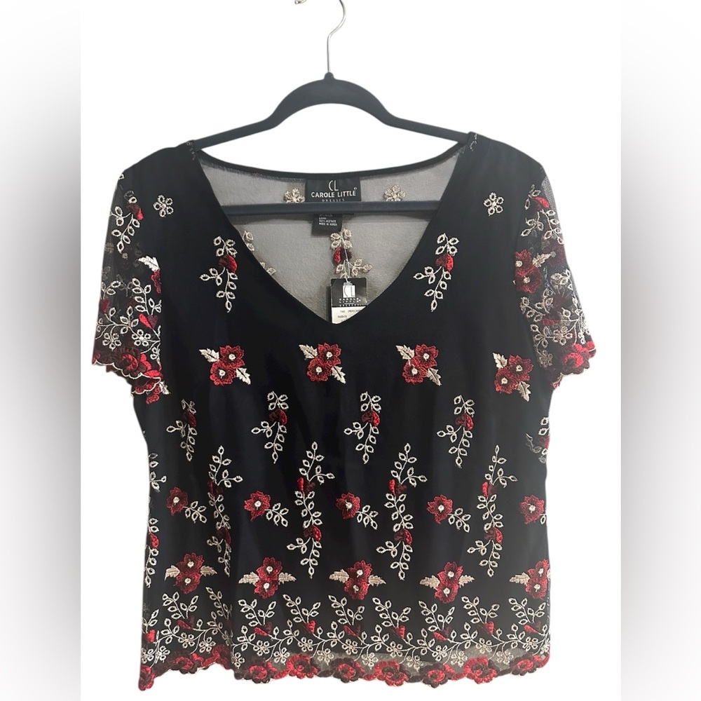 NWT Vintage Mesh Red Floral Embroidered Top Women's Size 14 Boho Romantic Sheer
